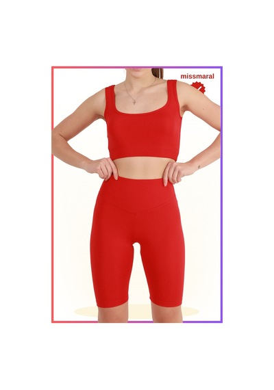 Missmaral Kadın Yüksek Bel Toparlayıcı Tayt Kısa Spor Şort Deniz Havuz Spor Biker Shorts Kırmızı 1070 Kırmızı