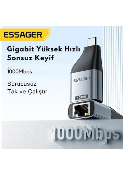 Essager 1000mbps Type-c To Rj45 Dönüştürücü, Gecikmesiz Süper Hızlı Type C To Ethernet Çevirici