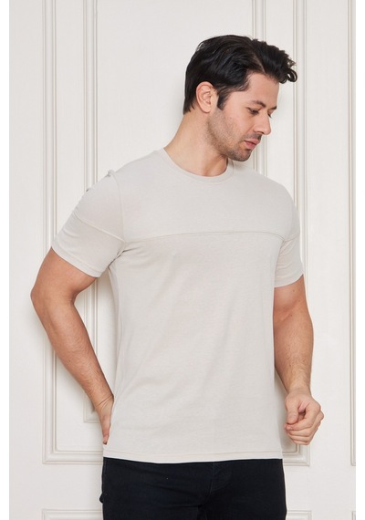 Jeuss Erkek Viscon Lina Likralı Kumaş Bisiklet Yaka Bej Tshirt