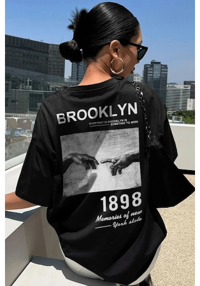 Unisex 1898 Brooklyn Baskılı T-shirt Siyah