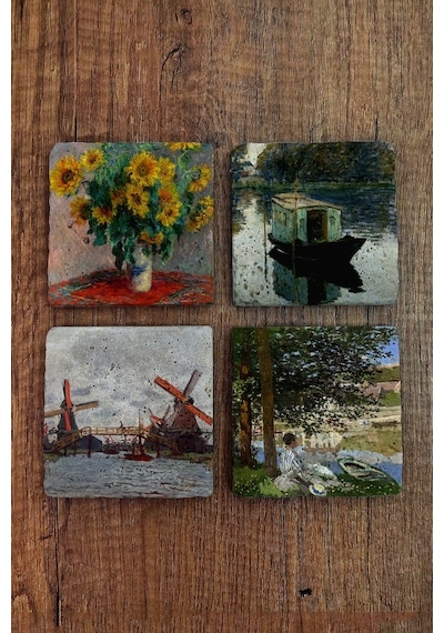 Doğal Taş Bardak Altlığı - Vincent Van Gogh Eserleri Baskılı 10x10cm Stone Coasters Çok Renkli