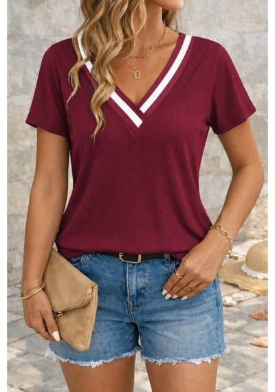 Butik İstanbul Kadın Kısa Kollu V Yakalı Bürümcük Bluz Bordo
