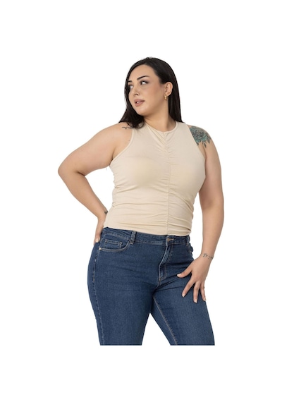 Disentis Büyük Beden Önü Ve Yanları Drapeli Halter Yaka Bej Rengi Body-bej Bej