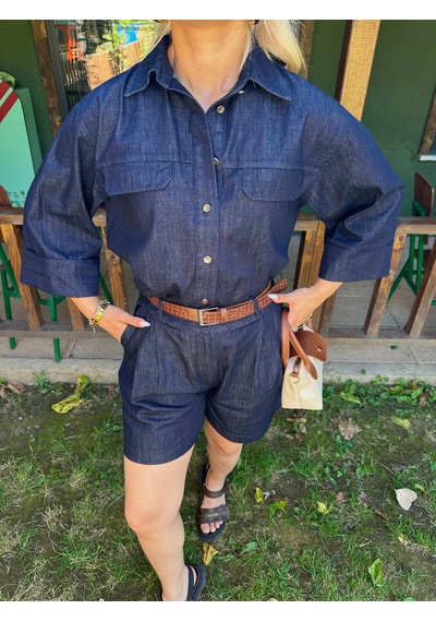Keymoda Kadın Denim Gömlek Şort Takım Lacivert Lacivert