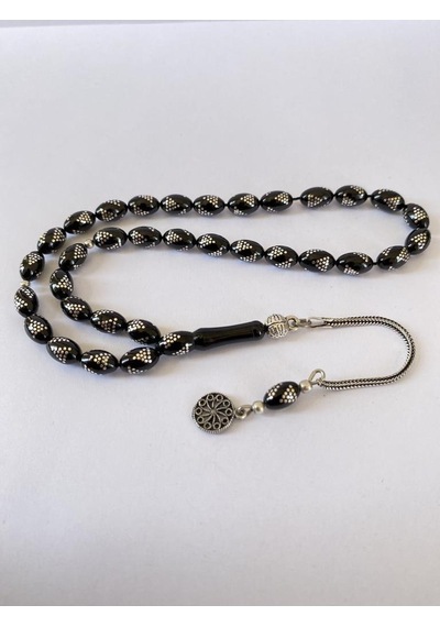 Tesbih Tsbh0259bc 925 Ayar Gümüş Püsküllü Gümüş İşlemeli Beyzi Kesim Erzurum Oltu Taşı Tesbih