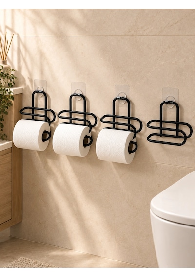 Duvara Yapışkanlı Wc Kağıtlık Siyah Metal 4 Adet Tuvalet Kağıdı Rulo Askısı Çok Renkli