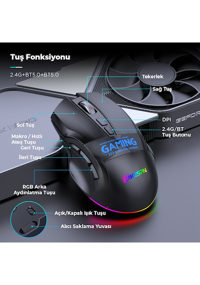 Mkespn W10 Dual Mode Rgb Gaming Mouse 2.4 Ghz Bluetooth 2400 Dpı 9 Tuş Makro 500hz Siyah Diğer