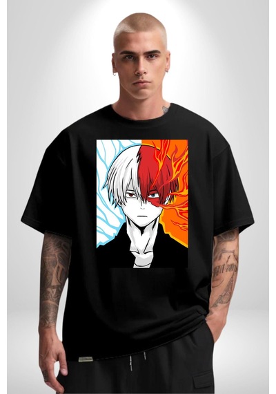 My Hero Academia Boku Anime Pamuklu Bisiklet Yaka Unisex Oversize Boyfriend Dijital Baskılı Siyah T-shirt Siyah