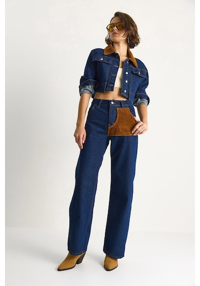 Shade Kadın Kadife Yaka Ceket Renk Bloklu Wide Leg Pantolon Denim Takım 6087 60283532 - Lacivert