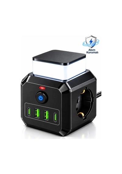 Akım Korumalı 3 Lü Priz 2200w 1050j 10a Gece Lambalı 2 Usb 2 Type-c Şarj Girişli Bsp-4 0