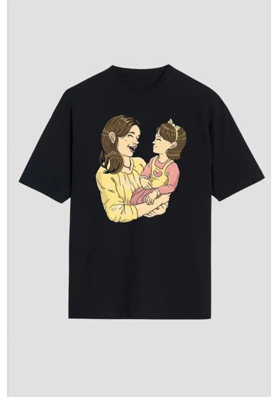 Butik İstanbul Anneler Günü Hediye Anne Kız Temalı Baskılı Oversize Bisiklet Yaka T-shirt - Siyah