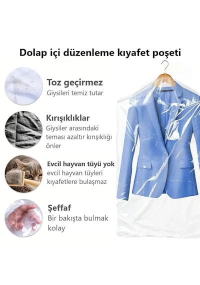 Gardırop İçi Askılık Yuvalı 55x75cm Kuru Temizleme - Dolap İçi Şeffaf Saklama Naylonu 10adet