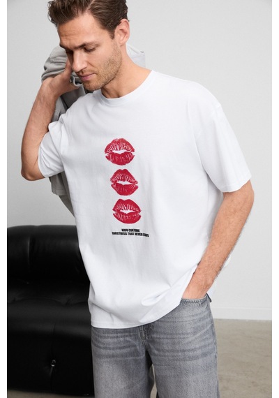 Grımelange Gıano Erkek Organik Pamuklu Bisiklet Yakalı Baskı Detaylı Oversıze Beyaz T-shirt Beyaz