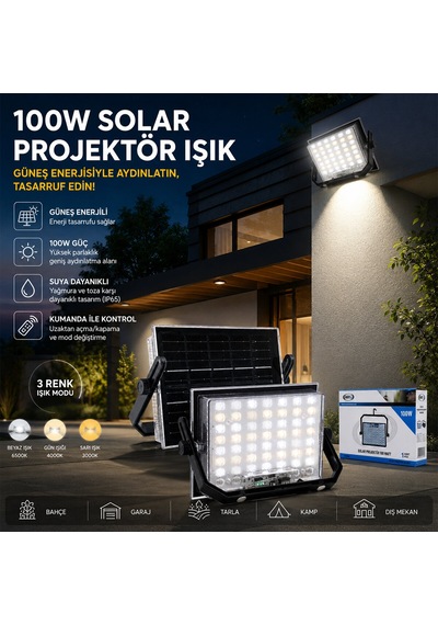 100w Güneş Enerjili Led Işık Solar Projektör - Fener Kamp - Dış Mekan 3 Farklı Led Işık 348960 Lmb