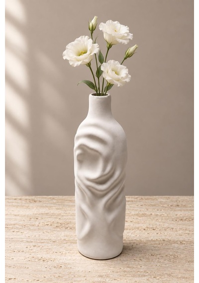 Beyaz Dalgalı Desen Vazo 35 Cm El Yapımı Kabartma Desenli Dekoratif Çiçek Vazosu Salon Konsol Dekoru