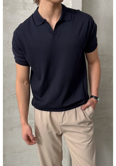 Erkek Oversize Pamuklu Polo Yaka Triko T-shirt Lacivert