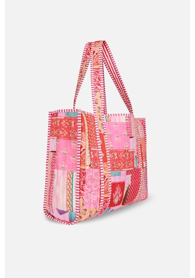 İcone Bag Patch Yama Desen Baskılı Kapitoneli Plaj Çantası, İçi Çizgili Baskılı Shopper Çanta, Pembe Plaj Çantası