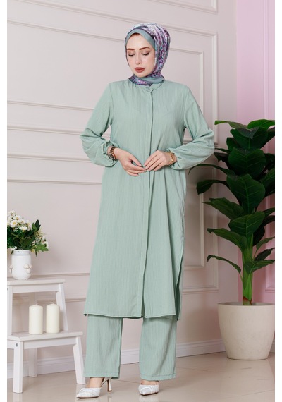 Sevitli Yırtmaç Detaylı Tunik Pantolon Takım-mint Yeşili-4862