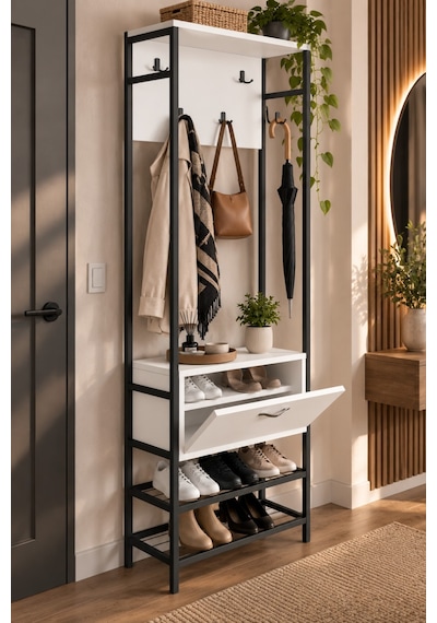 Sulorahome Metal Portmanto Beyaz Ve Siyah Renklerde 180 Cm Yükseklikte Ayakkabılıklı Vestiyer Beyaz - Siyah Sulorahome Metal Portmanto Beyaz Ve Siyah Renklerde 180 Cm Yükseklikte Ayakkabılıklı Vestiyer Beyaz - Siyah