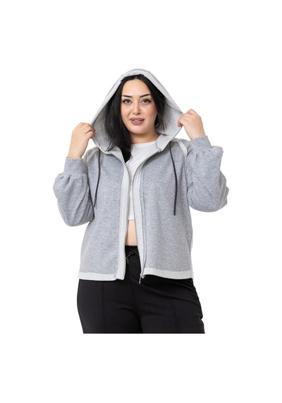 Büyük Beden Kapüşonlu Fermuarlı Üç İplik Gri Melanj Sweatshirt-gri Melanj Gri Melanj