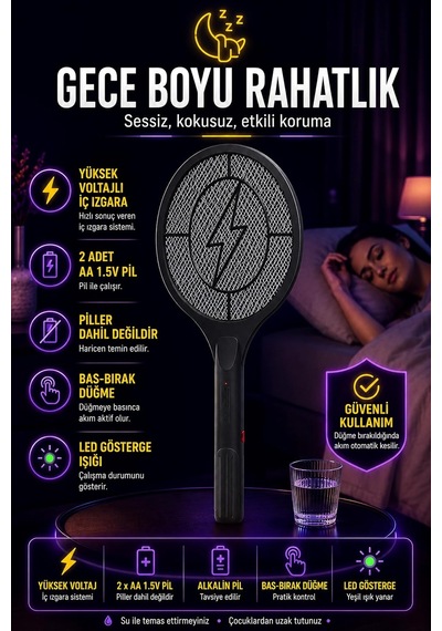 Lexroo Pilli Sinek Raketi Sivrisinek Karasinek Haşere Öldürücü Sineklik Haşere Aleti Z007