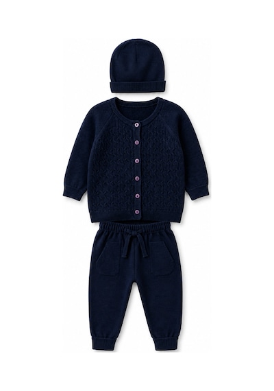 Babyhola Unisex Triko Saç Örgülü Alt Üst Bere 3'lü Takım 22108 Lacivert
