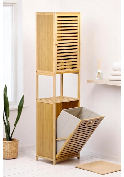 Digithome Bambu Kirli Sepetli 1 Raflı Kapaklı Banyo Dolabı Banyo Düzenleyici Çamaşır Sepeti Organizer Db-0010 Kahverengi