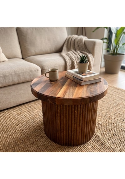 Masif Ceviz Ahşap Orta Sehpa Yuvarlak Salon Sehpası El Yapımı Fluted Tasarım 50x35 Cm
