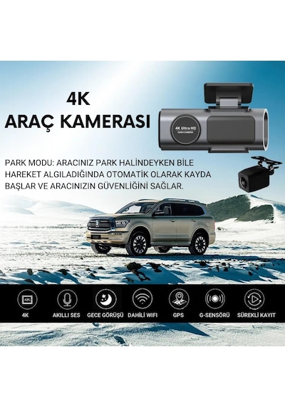 Polham 4k Ön Ve Arka Kameralı Araç Kamerası, Wifi, Dahili Gps, G Sensörlü,gece Görüşlü Araç Kamerası