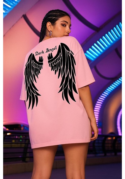 Dark Angel Baskılı Oversize T-shirt Pembe