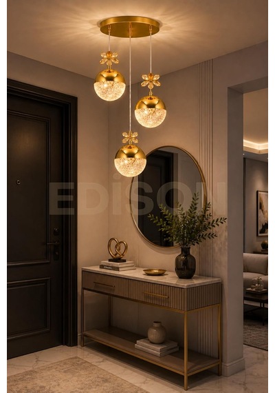3'lü Gold Kristal Sarkıt Avize, Led Modern Salon Yemek Masası Mutfak Dekoratif Avize, 20 X 25 Cm Diğer
