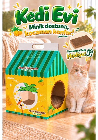 Ananas Desenli Karton Kedi Evi Katlanabilir Süt Kutusu Tasarımı, Tırmalama Pedi Hediyeli Sempatik