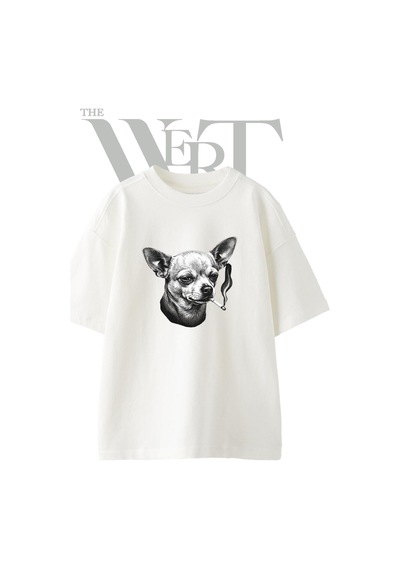 Thewert Chihuahua Smoking Tasarım Baskılı Ünisex Beyaz Oversize T-shirt