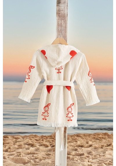 Varol %100 Organik, El İşçiliği Taş Baskı Çocuk Bornozu - Baby Krem/5-6yas Kırmızı - Krem