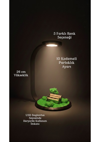 Dekoratif Diorama Masa Lambası - Park Temalı 10 Kademeli Led Gece Lambası - 3 Renk Seçenekli Kitap Okuma Lambası - Ofis Ve Masaüstü Aksesuarı 26 Cm Siyah