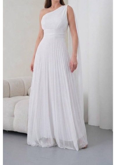 Neşeli Butik Kadın Beyaz Tek Omuz Pilise Detaylı Simli Tül Kumaş Abiye Elbise Nbswll16