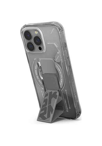 Apple iPhone 16 Pro Uyumlu Kılıf Skinarma Magsafe Şarj Özellikli Teknoloji Desenli Standlı Helio Gri