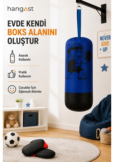 Çocuk Boks Seti Panda Desenli Asılabilir Boks Torbası Eldivenli Mavi
