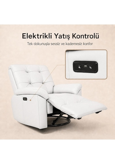Smarto Relax Zürih Vıp Elektrikli Döner Sallanan Tv Koltuğu Kontrol Panelli Ergonomik Gerçek Deri Baba Koltuğu Beyaz