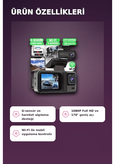 1080p Full Hd 3 Kameralı Wi-fi Bağlantılı Araç İçi Kayıt Cihazı Ve Park Kamerası Seti