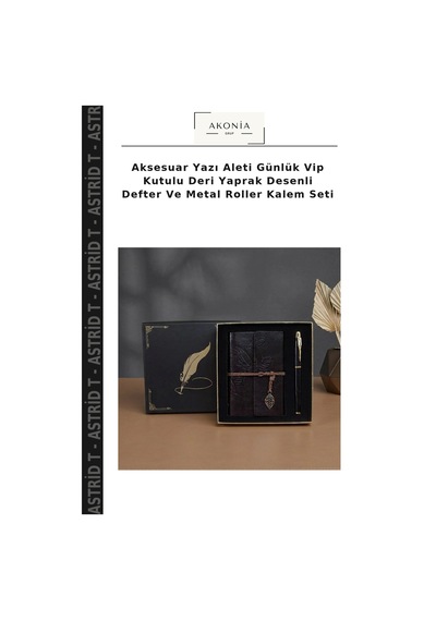 Aksesuar Yazı Aleti Günlük Vip Kutulu Deri Yaprak Desenli Defter Ve Metal Roller Kalem Seti Çok Renkli