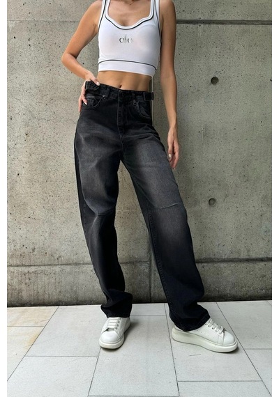 Siyah Premium Ayarlanabilir Yan Kemer Tokalı Baggy Jeans Siyah Yıkamalı