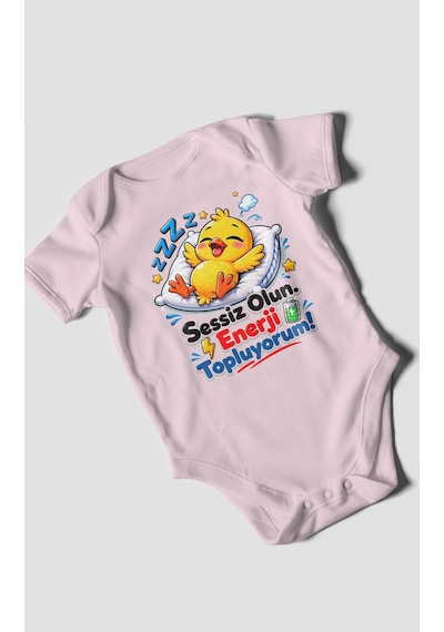 Morivokids Sessiz Olun, Enerji Topluyorum Kısa Kollu Bebek Body %100 Pamuk Bebe Pembe