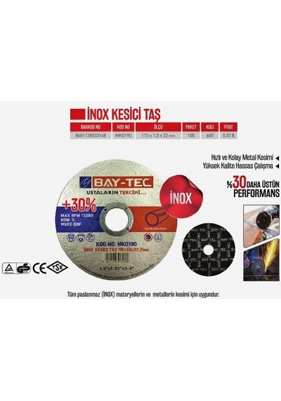 Bay-tec 115 Mm İnox Metal Kesici Taş 6 Adet