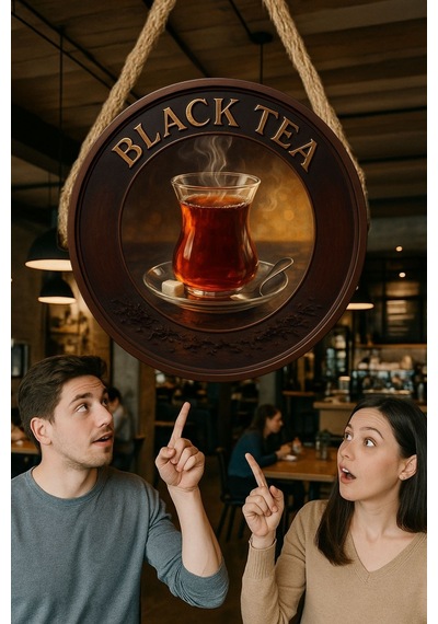 Black Tea Temalı Yuvarlak Cafe Tabelası, Jüt İpli Ahşap Duvar & Kapı Dekoru, Barista Tarzı Süs