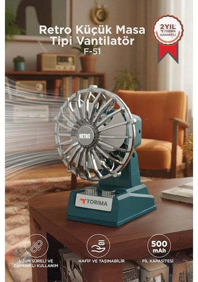 Özel Üretim Şarjlı Masaüstü Vantilatör Retro Tasarım F51 Mavi Ofis Fan Çalışma