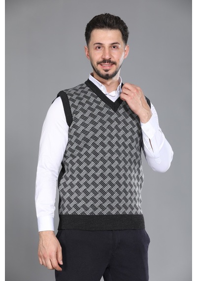 Kzc Tekstil Erkek Baba Ve Orta Yaş Desenli Akrilik Kalın Dokulu V Yaka Triko Süveter Antrasit