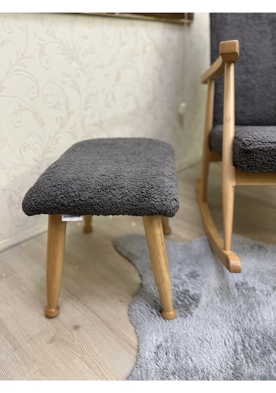 Trend Naturel Teddy Antrasit Ahşap Ayak Uzatma Pufu Makyaj Koltuğu Bench Tabure