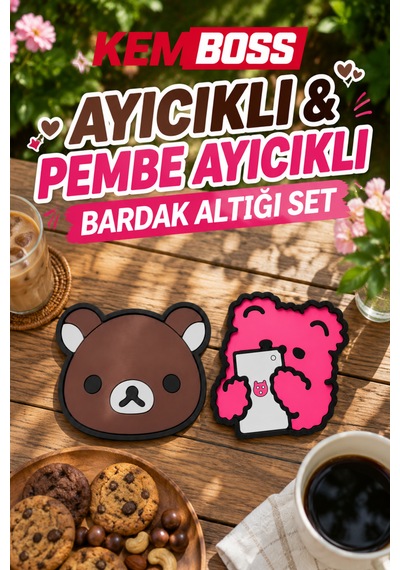 Kemboss Ayıcık Ve Pembe Ayıcıklı Bardak Altlığı Seti 4'lü - Pvc Kaydırmaz Bardak Altlığı 2 Ayıcık + 2 Pembe Ayıcıklı Çok Renkli