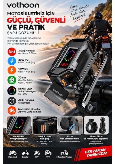 Motosiklet Telefon Tutucu Ayna Ve Gidon Bağlantılı Telefon Şarj Cihazı Geri Sarılabilir Type-c Kablo Siyah